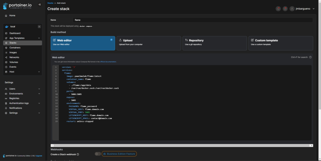 Ejemplo de docker-compose a la hora de crear stack