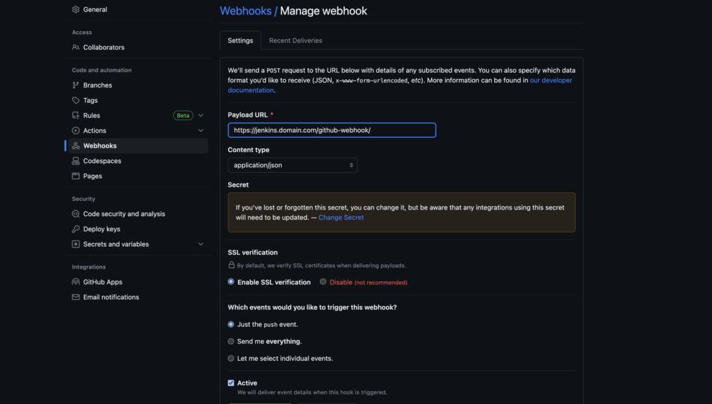 Configurando webhook del repositorio de Github.